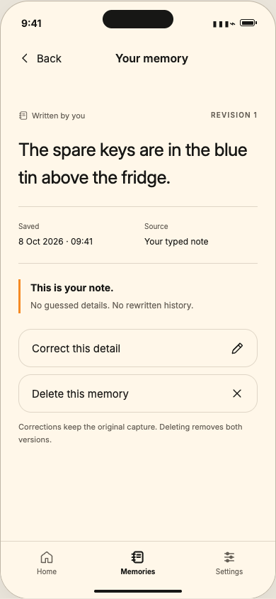 The Your memory screen: the saved note with its date and source, and buttons to correct this detail or delete this memory.